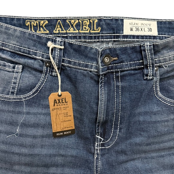 NWT TK Axel Slim Boot Jeans Mens 36x30 Blue Medium Wash Contrast Stitch Pockets - Picture 6 of 16